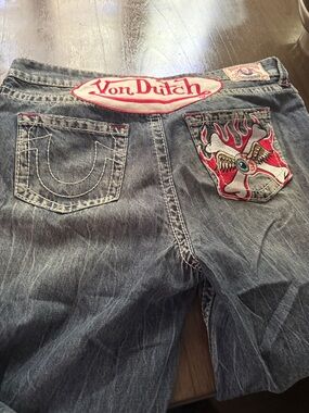 True Religion/ Von Dutch Blue Denim Jeans with Red and White Patch